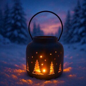 Ceramic Christmas Lantern 6in Tall Winter Green Tree Candle Holiday Porch Decor